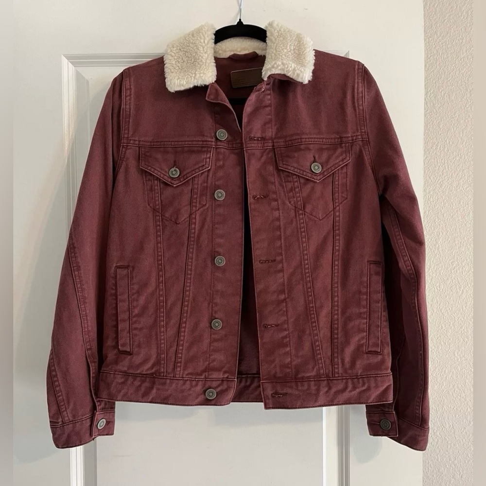 ASOS Mens XXS Burgundy Denim Slim Jacket w/fleece Collar Pockets Trucker